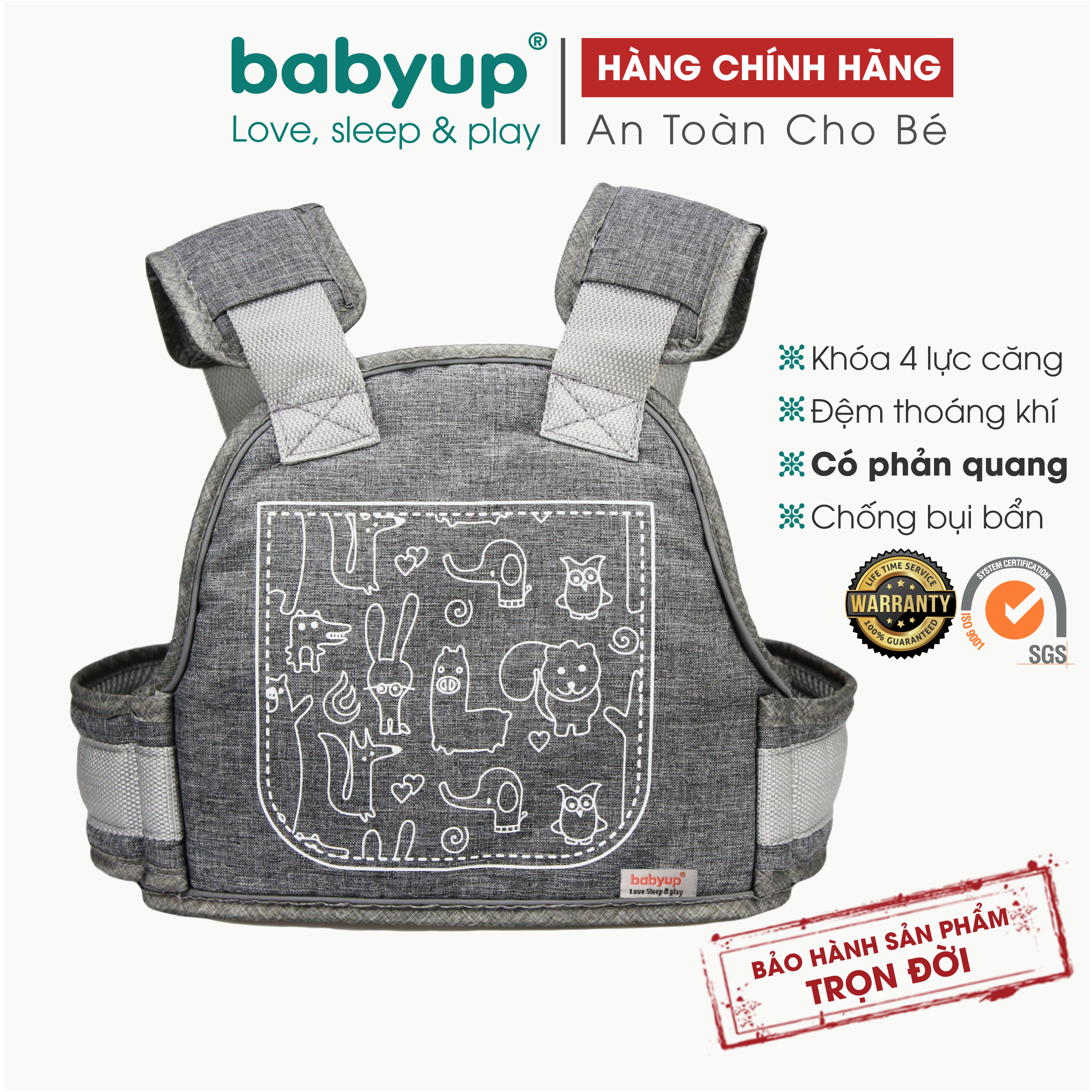 Đai đi xe máy cho bé Babyup, phản quang, thoáng khí sử dụng khóa 2 cấp bền chắc, chống bụi bẩn - Xám