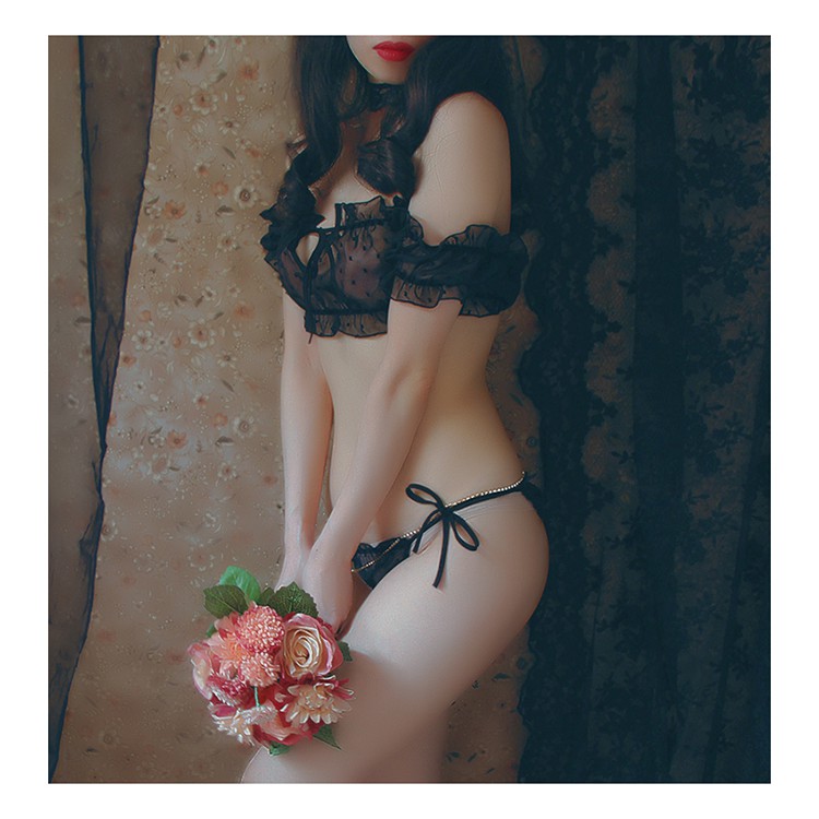 Bộ đồ lót ren sexy cao cấp xuyên thấu 2 món màu đen - Tặng kèm miếng dán ngực - TADA
