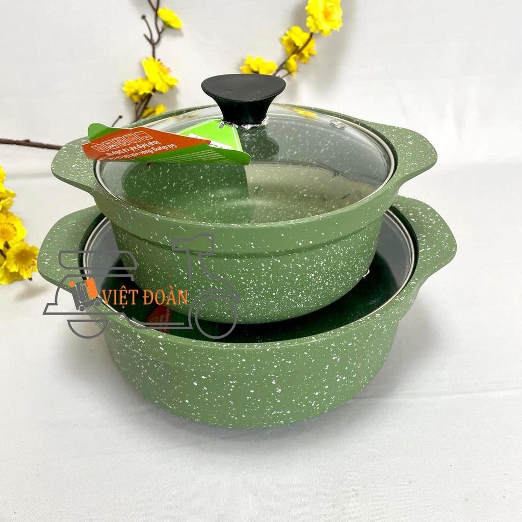 Nồi đúc nguyên khối vân đá CHỐNG DÍNH , NẮP KÍNH , Sử dụng được BẾP TỪ size 18, 20 cm. Dùng nấu lẩu, cơm trộn, mì cay Hà