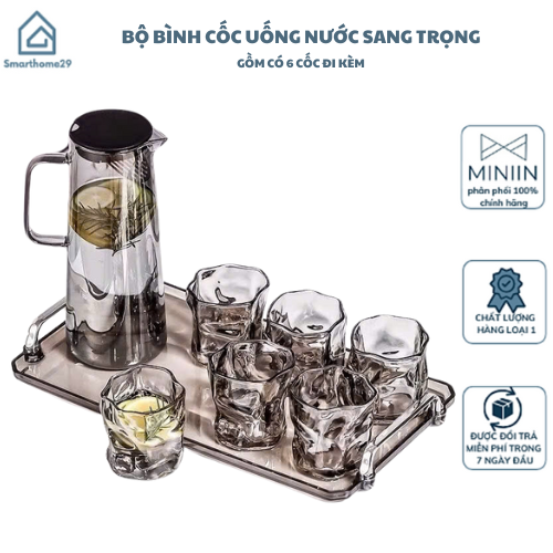 Bộ Cốc Bình Nước Thuỷ Tinh Cao Cấp Chịu Nhiệt Để Bàn Sang Trọng Cho Phòng Khách 1800ML - HÀNG CHÍNH HÃNG MINIIN