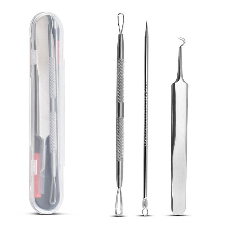 Bộ 3 Cây Que Nặn Mụn Bằng Thép Cao Cấp Không Gỉ Gồm 5 Đầu Chuyên Dụng Có Nhíp Gắp Cực Kì An Toàn