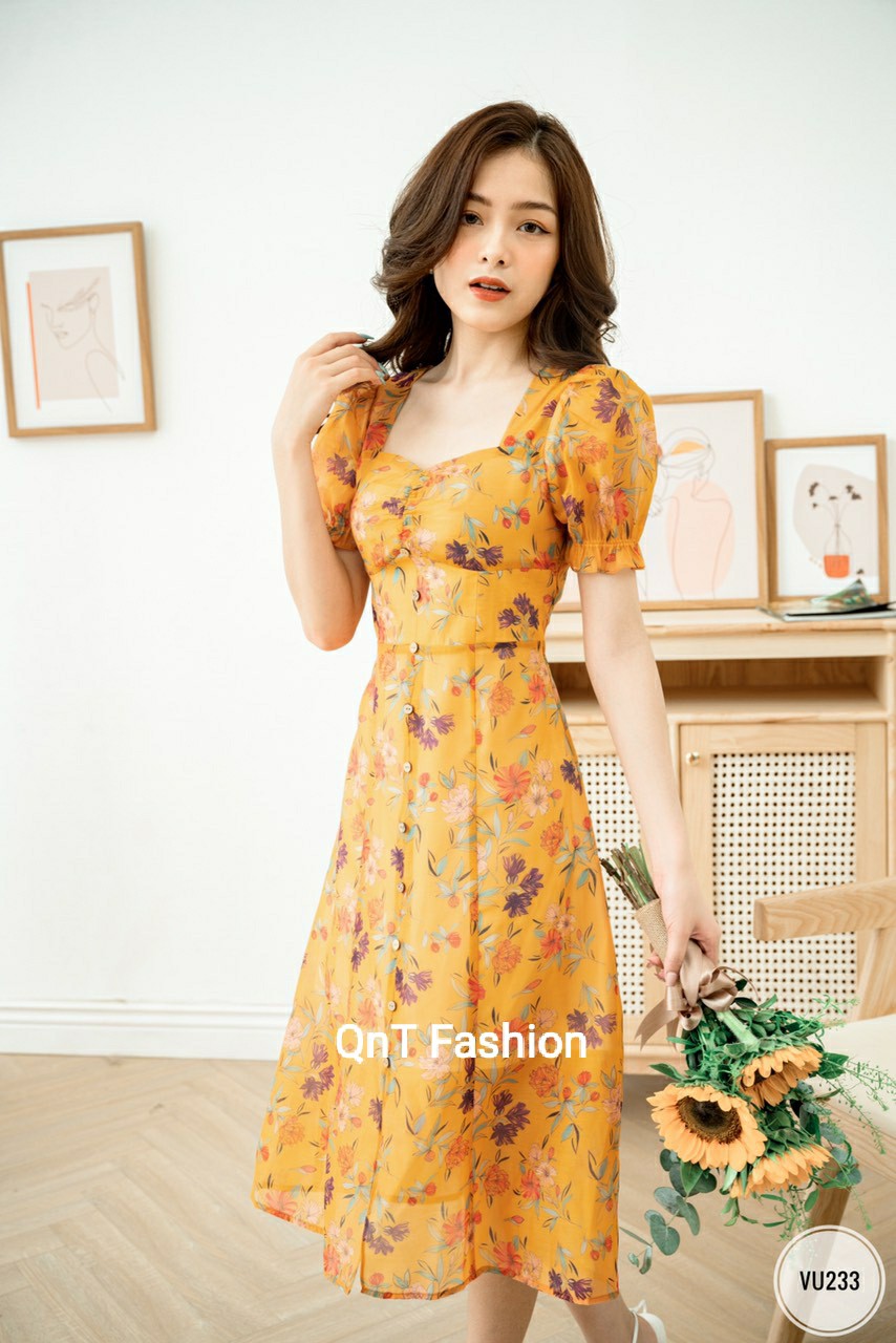 Đầm công sở thiết kế-Đầm voan hoa nhún ngực xẻ tà cổ vuông đi làm hay dạo phố
