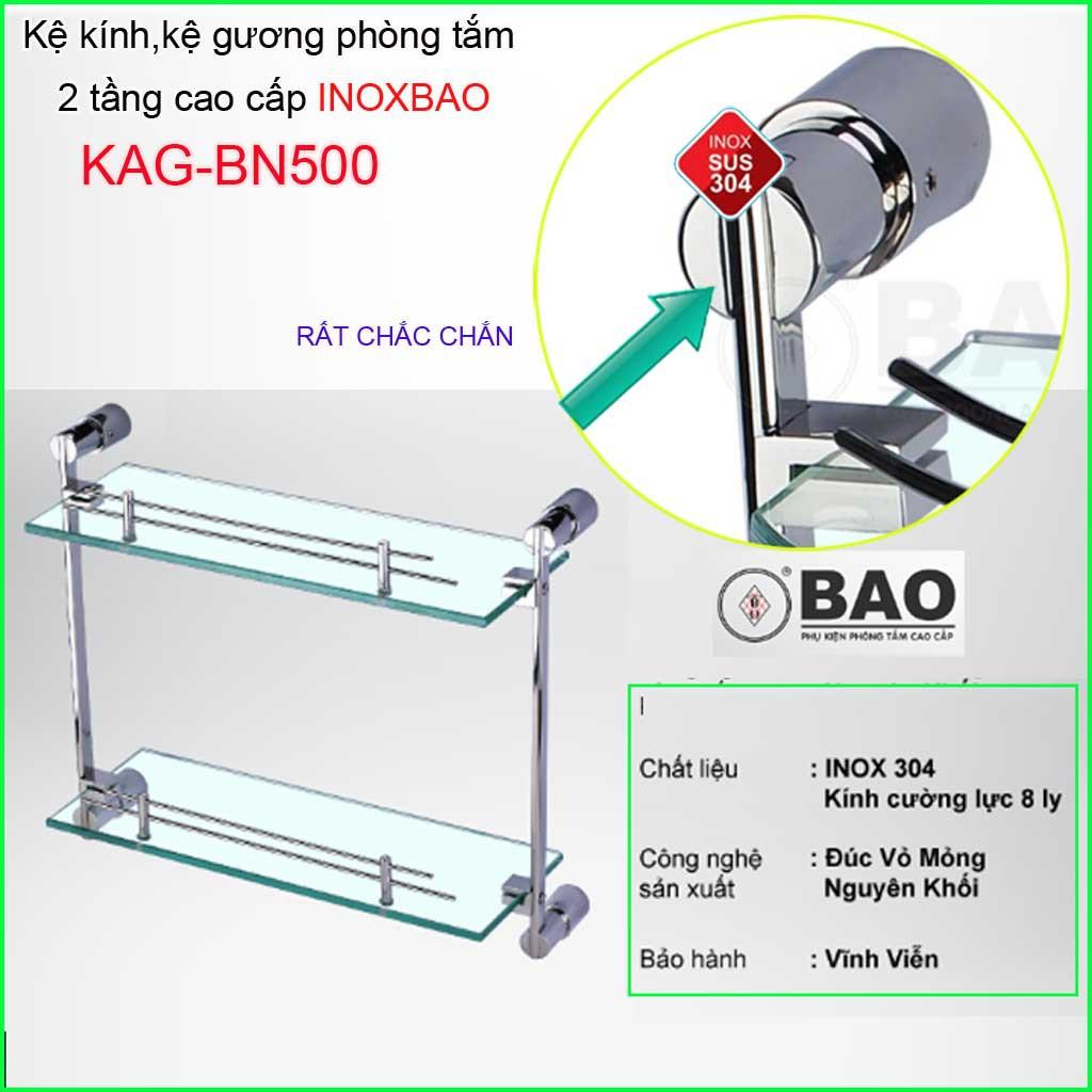 Kệ kính phòng tắm 2 tầng Inox Bảo KAG-BN500, Kệ kiếng cường lực đế tròn SUS304 đúc đặc thiết kế đẹp siêu bền 44cm x 35cm