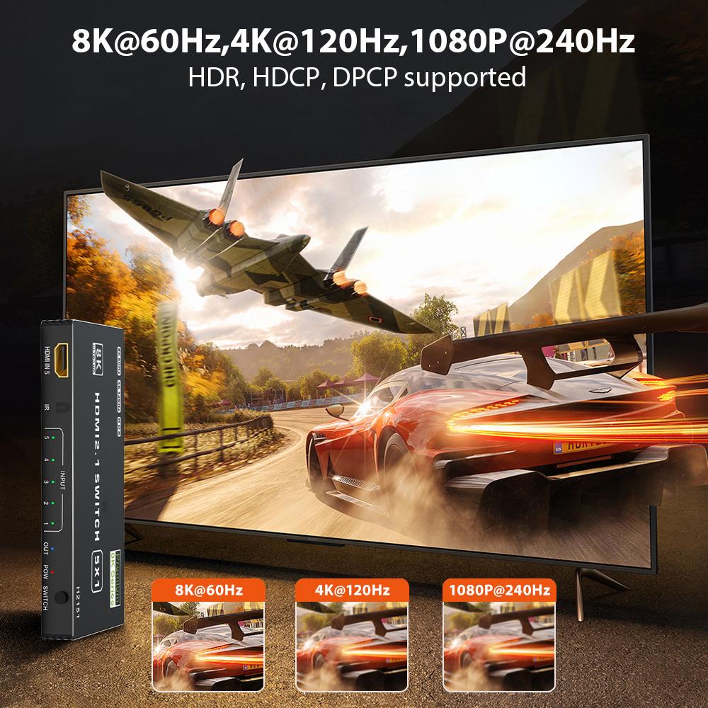 Bộ chia HDMI 2.1 120Hz 5 cổng Bộ chia HDMI 4K 120Hz CEC 48gbps Bộ chuyển HDMI 2.1 8K có điều khiển từ xa Dolby Vison