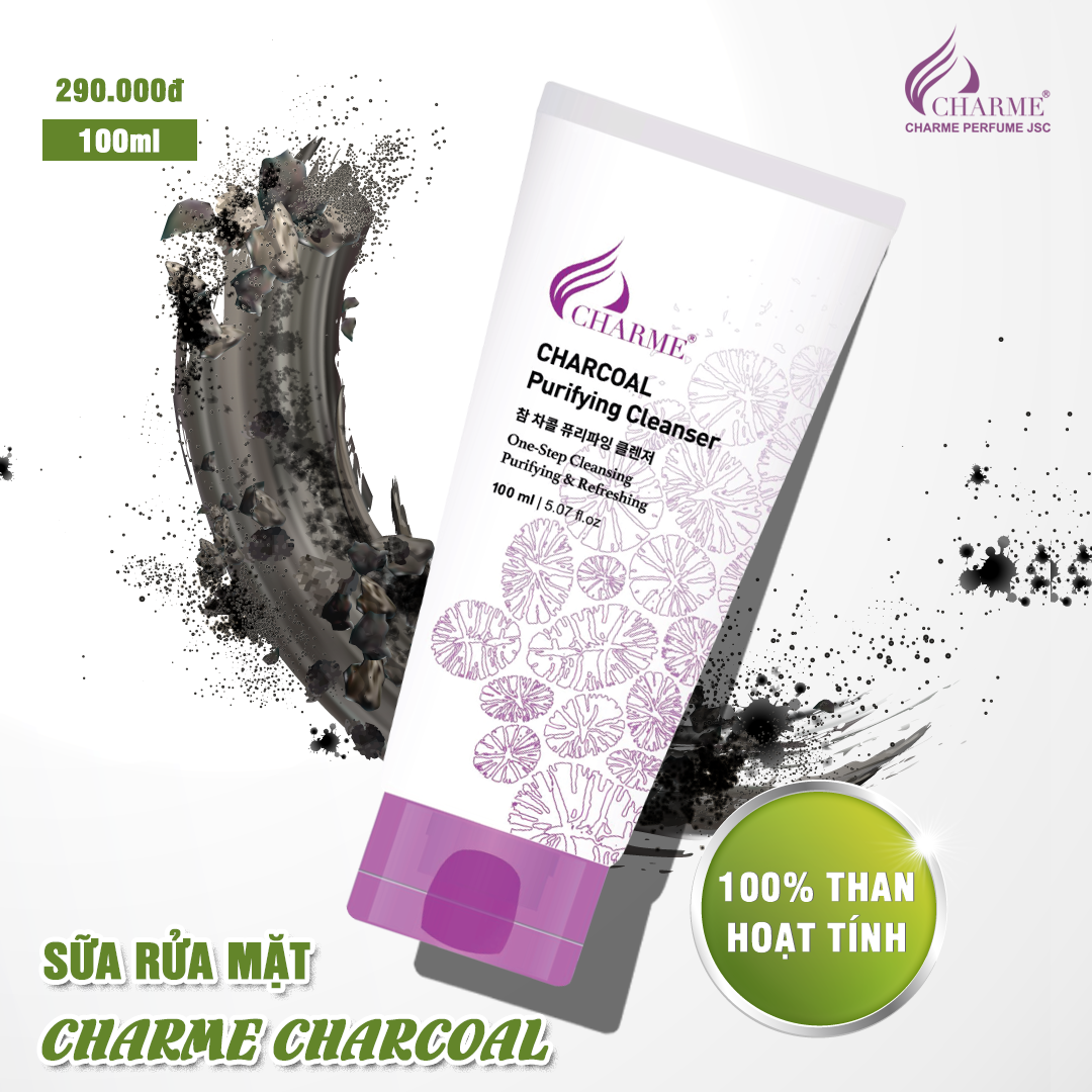 Sữa rửa mặt than hoạt tính, Charme Charcoal Purifying, thải độc da, làm sạch sâu, không gây kích ứng, 100ml