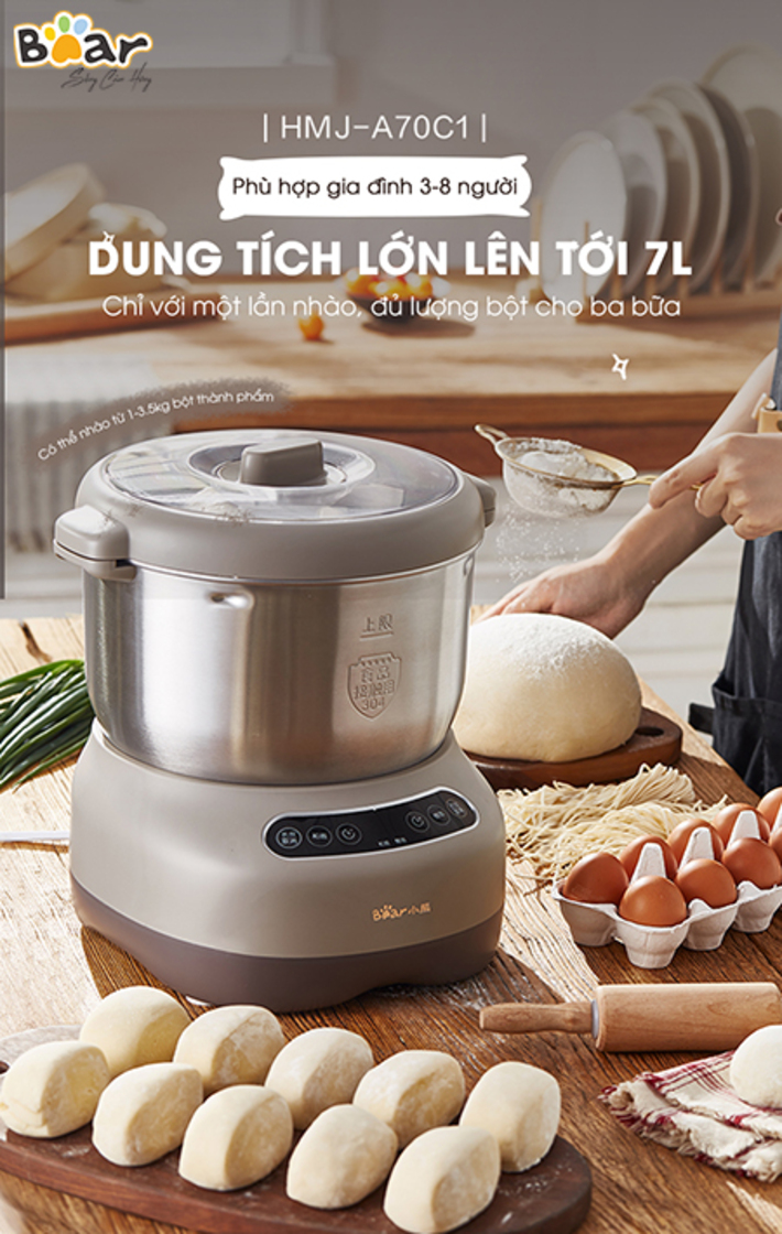 Máy Trộn Bột Ủ Bột Lên Men Tự Động BEAR HMJ-A70C1 Chống Dính Dung Tích 7 Lít Công Suất 250 W - Hàng Chính Hãng