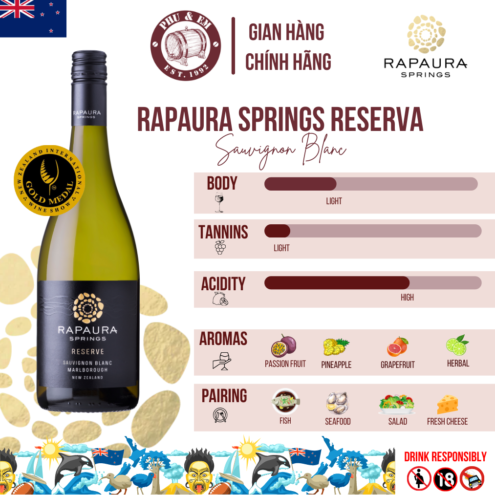 Rượu Vang Trắng New Zealand Rapaura Springs Reserve Marlborough Sauvignon Blanc