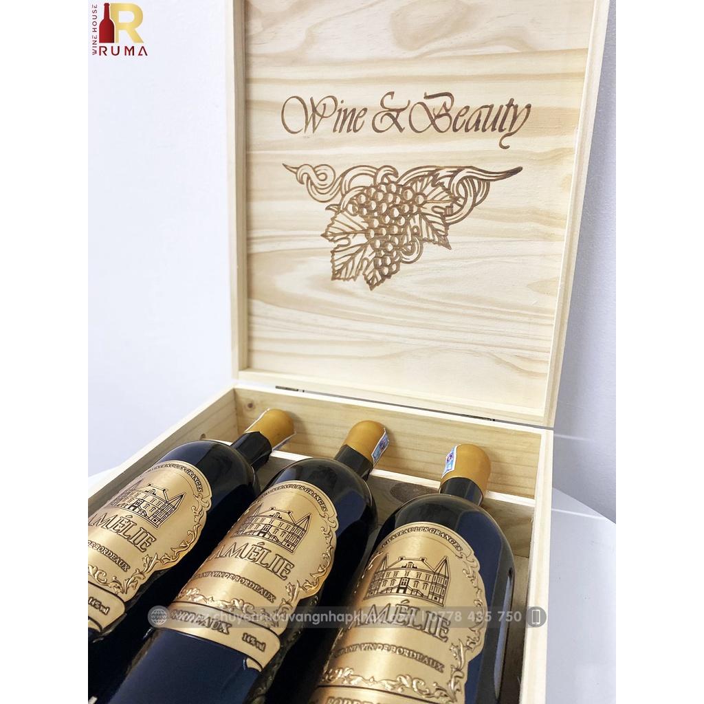 Quà tặng hộp gỗ 3 chai rượu vang Pháp Amelie