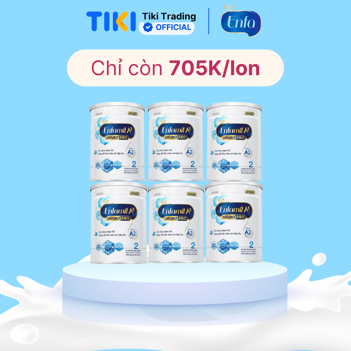 Combo 6 lon sữa bột Enfamil A2 Neuropro 2 cho trẻ từ 6 - 12 tháng tuổi – 800g