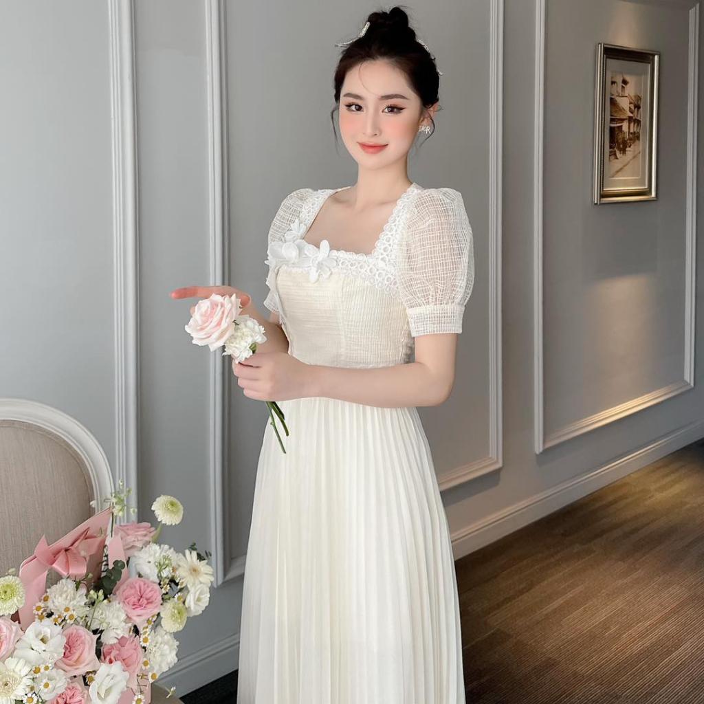 Đầm Thiết Kế MAY CH36 Chất Liệu Ren Phối Trượt Nhật Đính Hoa 3D - Đầm Dự Tiệc Sang Trọng Chuẩn MAY