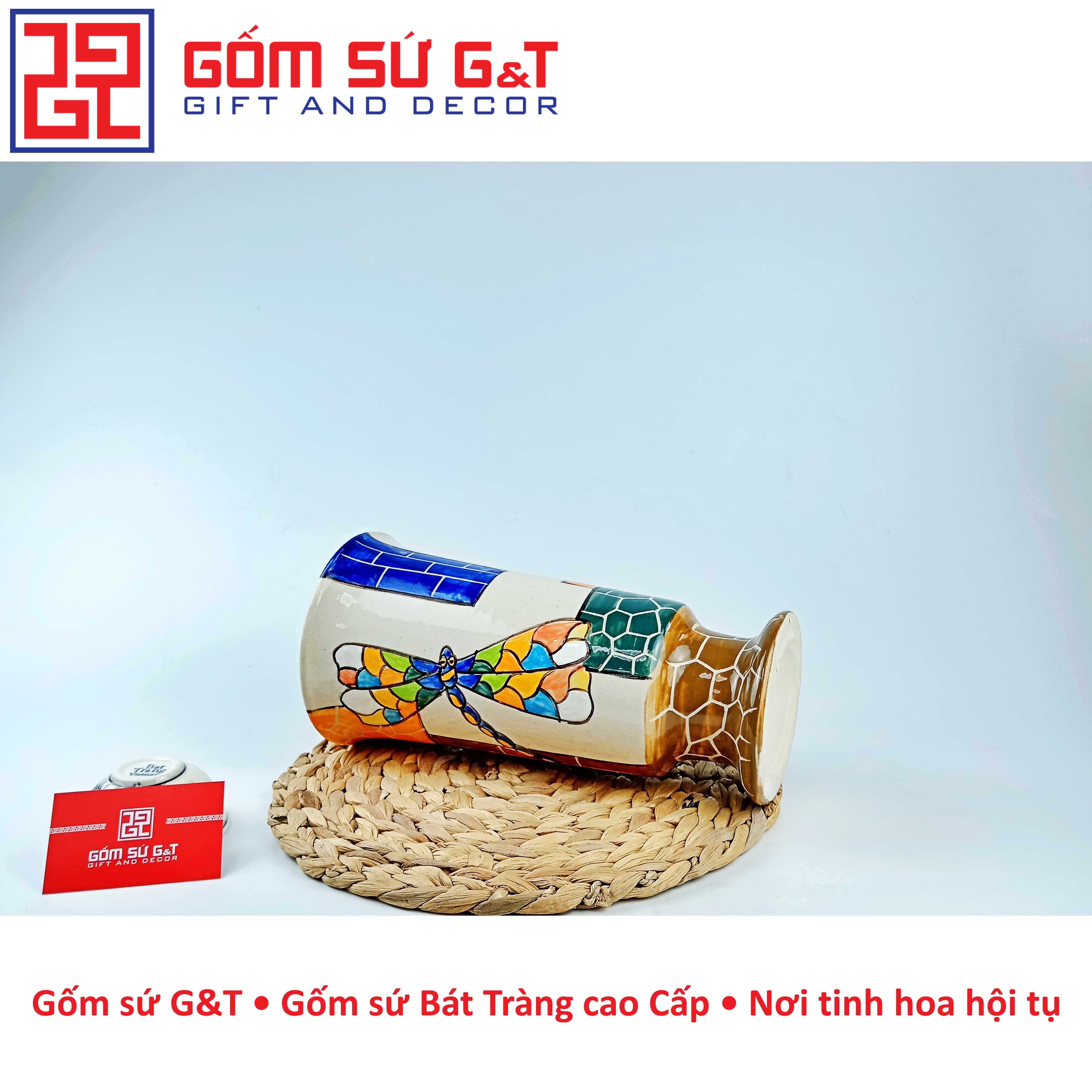 Lọ hoa trang trí dáng chân ly thấp khắc chuồn Gốm Sứ G&T
