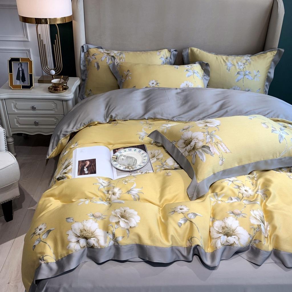 Bộ chăn ga gối Mẫu thiết kế mới Tencel 100S họa tiết Hoa lá cách điệu ,mềm mịn,sang trọng- LUX33