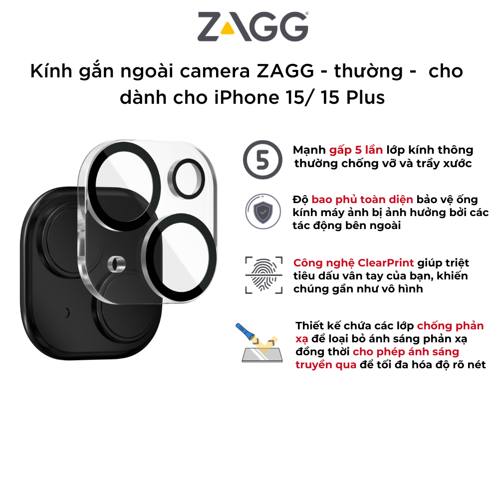 Kính gắn ngoài CAMERA ZAGG Premium cho iPhone - dành cho iP 15/ 15 Plus - Hàng chính hãng