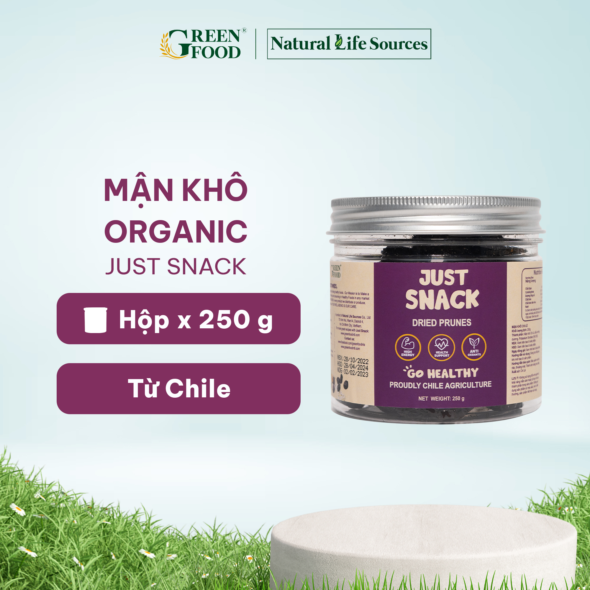 Mận Khô Chile Kích Cỡ Medium Dried Prunes Just Snack GREEN FOOD Hộp 250g - ăn vặt khỏe mạnh, không thêm đường, nhập khẩu chính hãng từ Chi-lê.