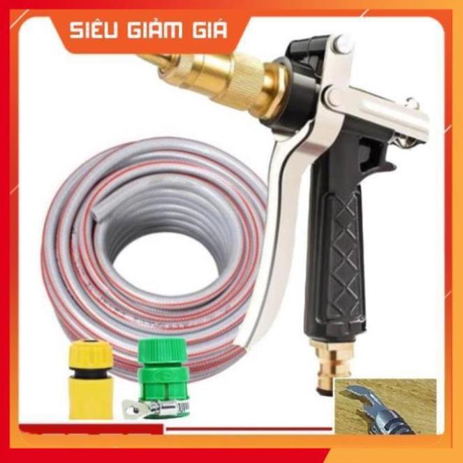 Bộ dây vòi xịt nước rửa xe, tưới cây . tăng áp 3 lần, loại 20m 206236 đầu đồng,cút,nối vàng+ tặng mở chai