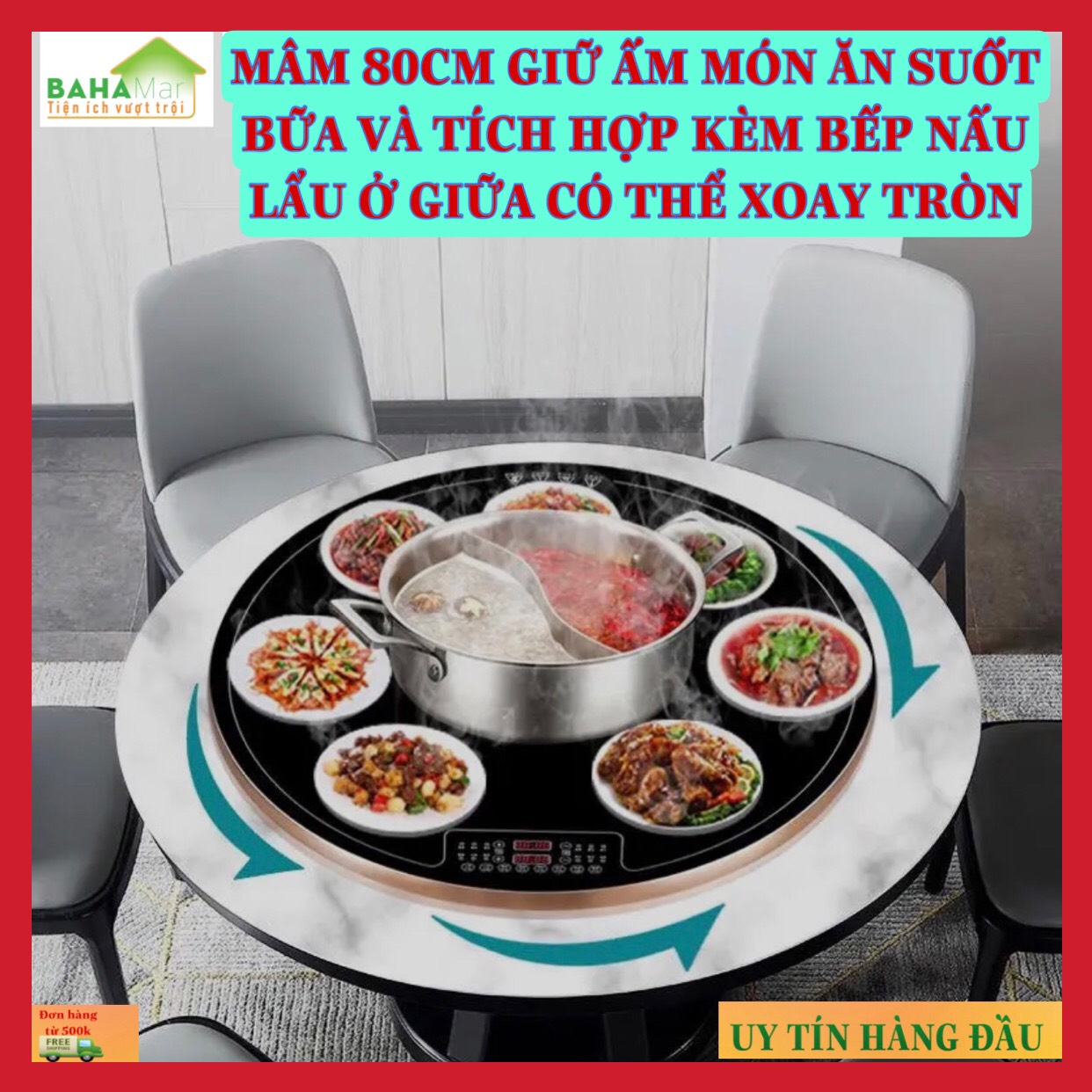 MÂM 80CM GIỮ ẤM MÓN ĂN SUỐT BỮA VÀ TÍCH HỢP KÈM BẾP NẤU LẨU Ở GIỮA CÓ THỂ XOAY TRÒN "BAHAMAR" Vừa giữ ấm thức ăn trong bữa vừa đun nấu tại bàn