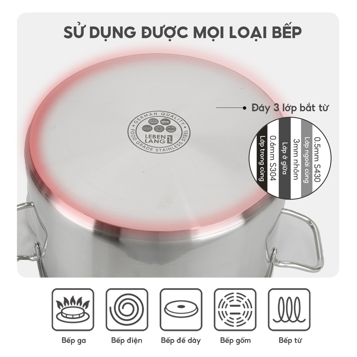 Nồi inox 304 nắp inox đáy 3 lớp Lebenlang LBL2535 và LBL2536, size 26, 30cm, dùng cho mọi loại bếp - hàng chính hãng