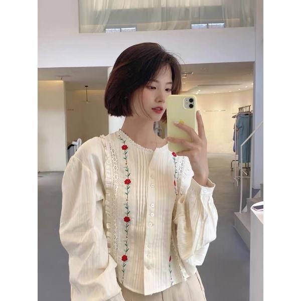 Sơ mi thô kẻ thêu hoa cho nữ