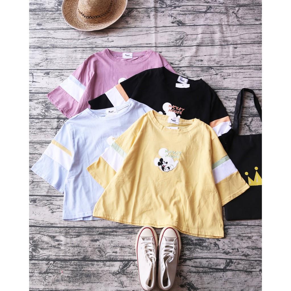 ÁO THUN THÊU HOẠT HÌNH PHỐI TAY MÀU