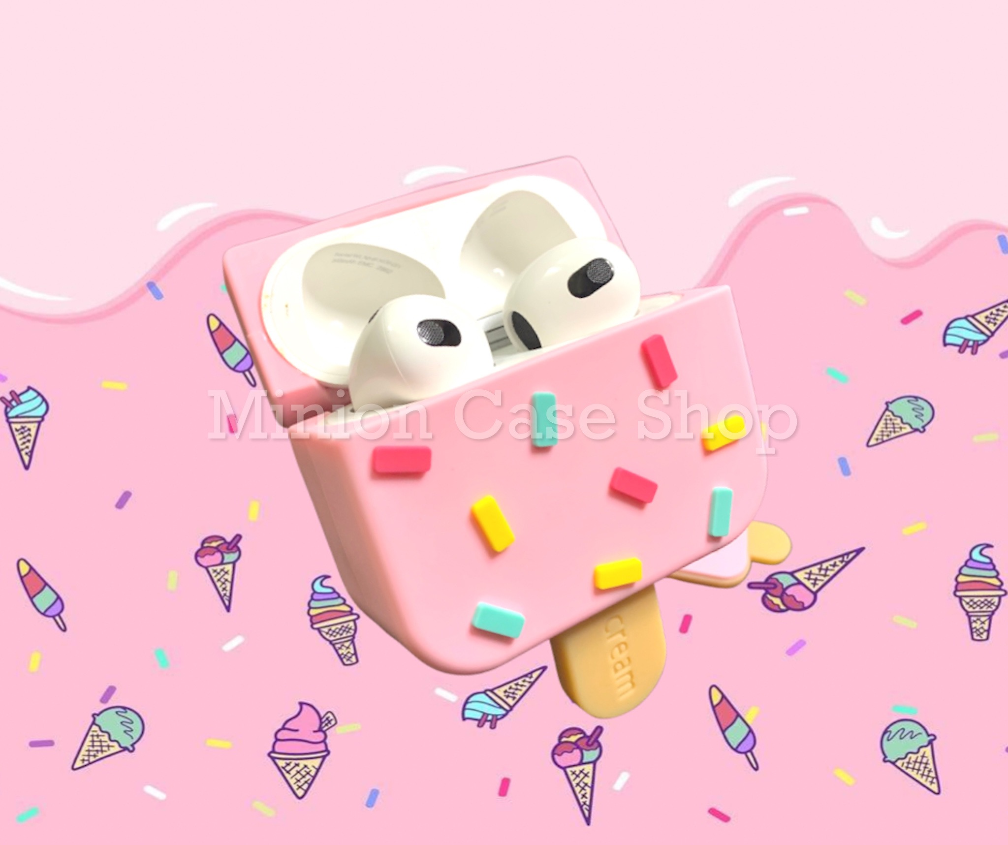 Bao Case Ốp dành cho Airpod 3 que kem hồng siêu cool silicon 3d cao cấp
