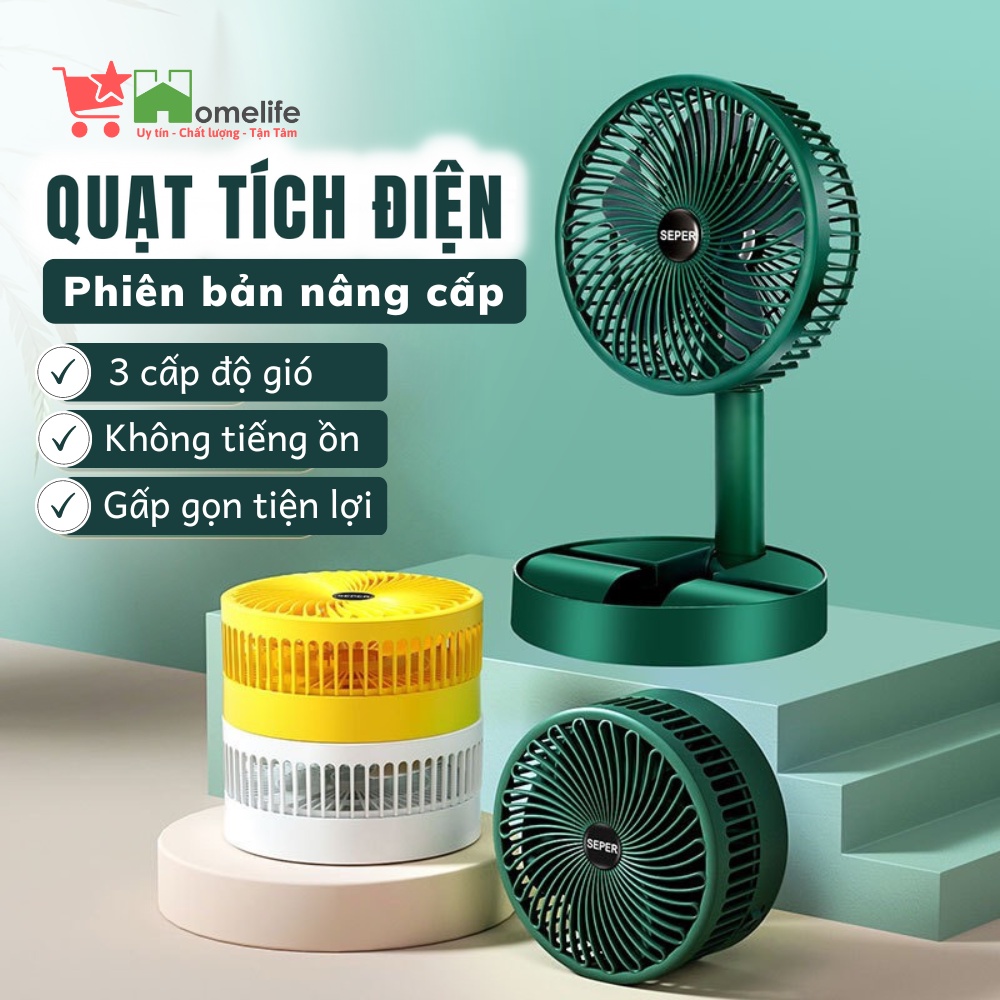 Quạt Tích Điện SUPER Gấp Gọn, Quạt Mini Để Bàn Xoay 180 Độ, 3 Tốc Độ Gió, Cổng Sạc USB