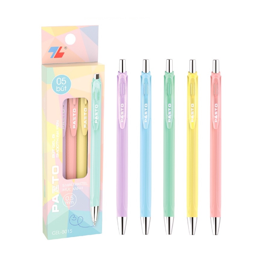 Hộp 5 Bút gel bi màu Pastel Thiên Long Pazto GEL-B015 nét 0.5mm - Mực xanh Viết trơn êm mực dầu