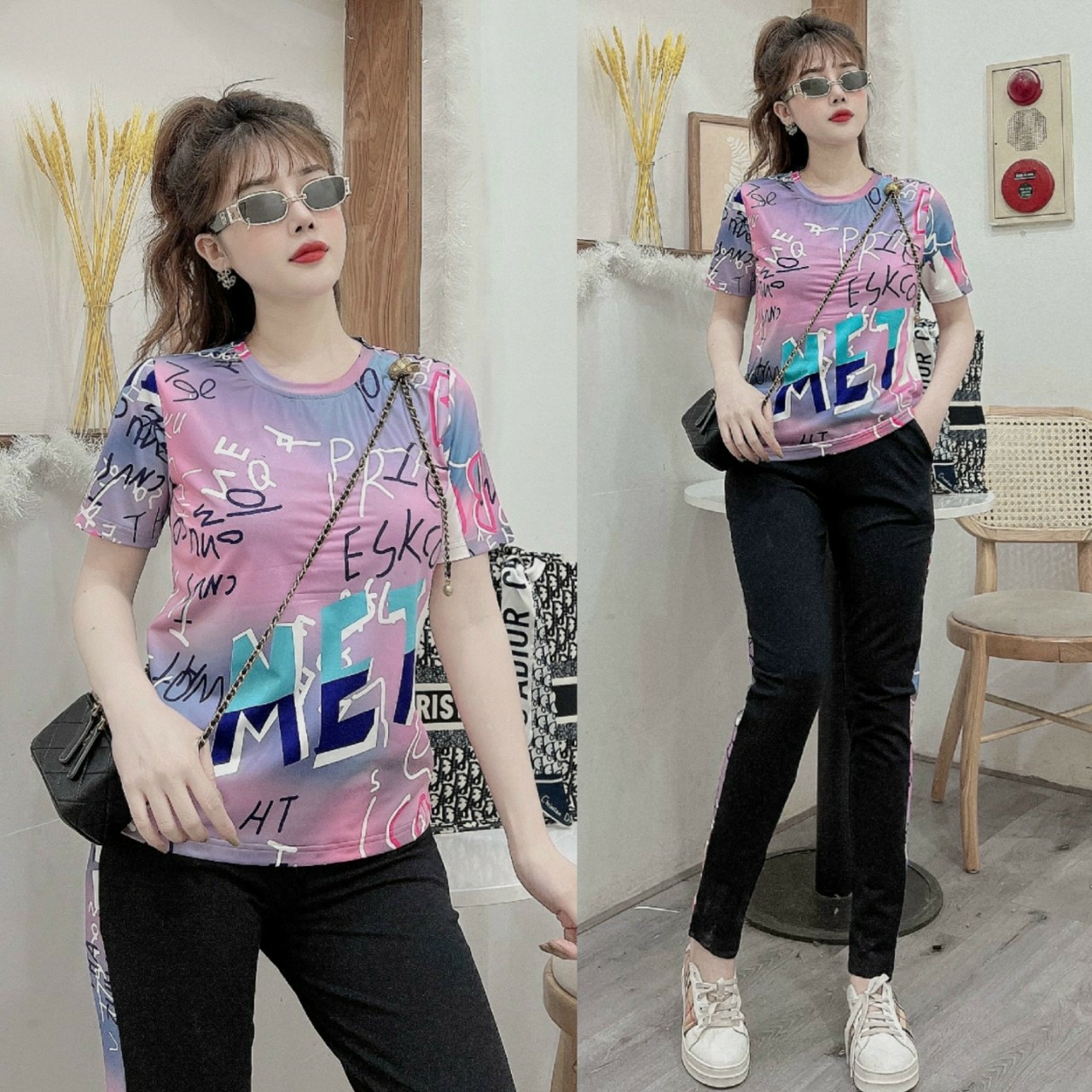 Đồ bộ thể thao thun cotton nữ họa tiết in 3D