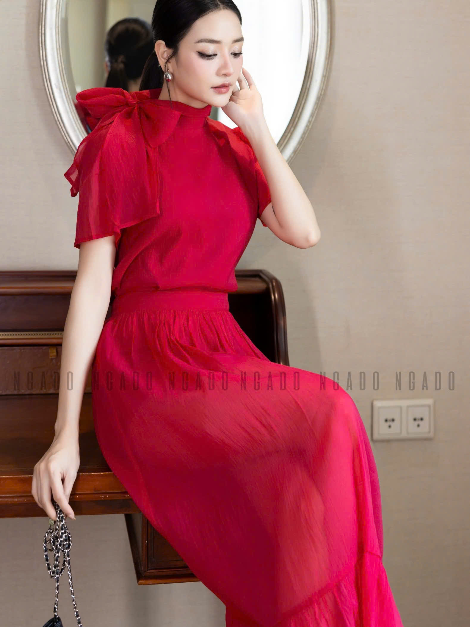 Set áo váy đỏ cột nơ NGADO, Set đồ nữ , Set áo kèm chân váy xòe , Set áo váy thiết kế