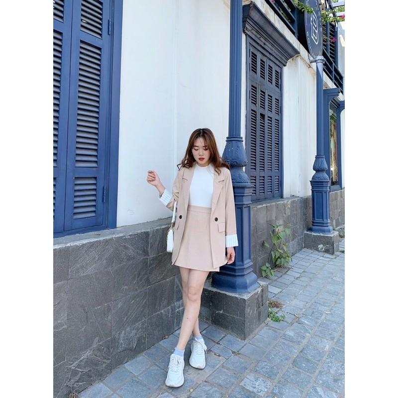 Áo blazer tay phối kẻ