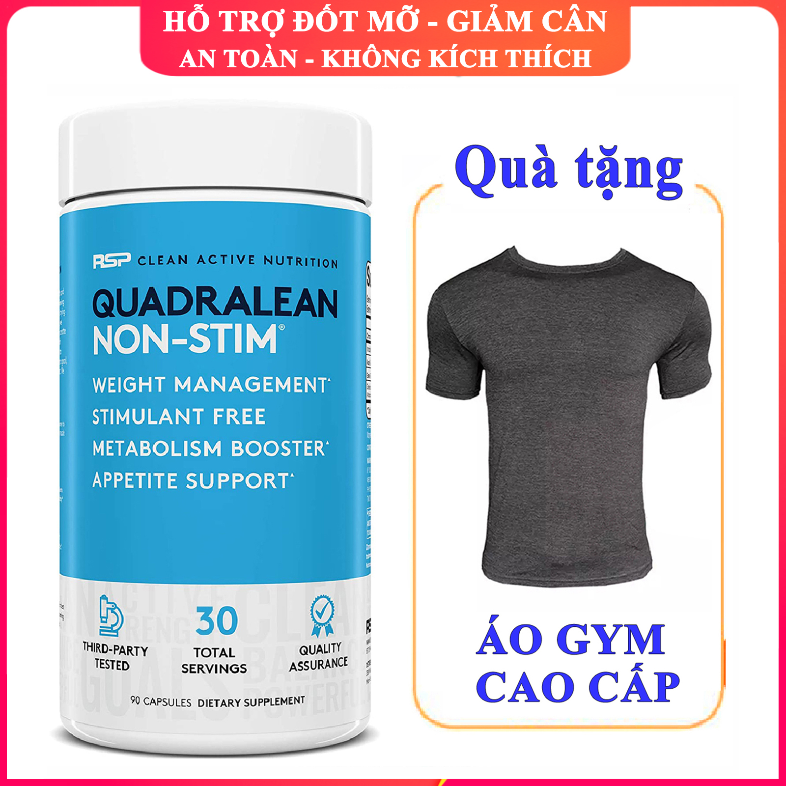 Combo Viên đốt mỡ QuadraLean của RSP hộp 90 viên hỗ trợ giảm cân, đốt mỡ nhanh, không chất kích thích &amp; Áo thun thể thao size L (68-82kg)