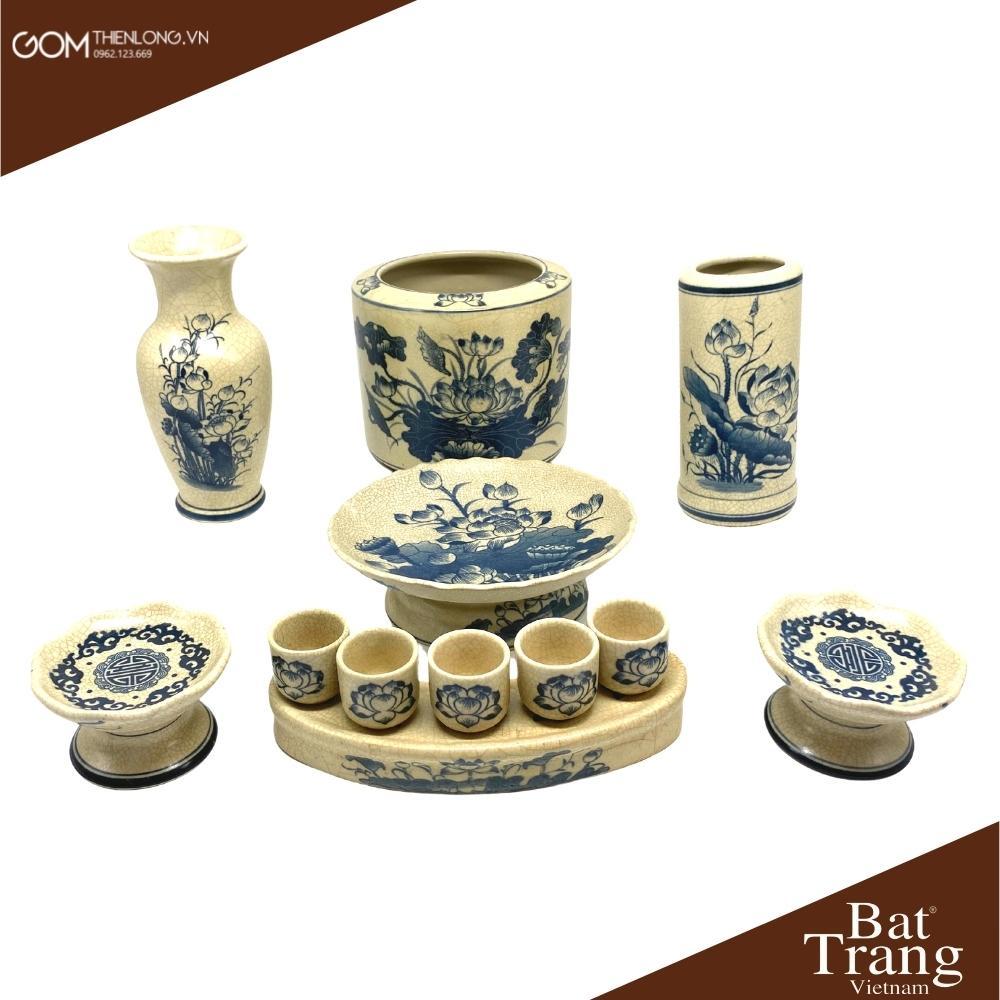 Bộ Đồ Thờ Men Rạn Vẽ Hoa Sen - Đồ Thờ Cúng Giá Tốt Bát Tràng - Gốm Thiên Long