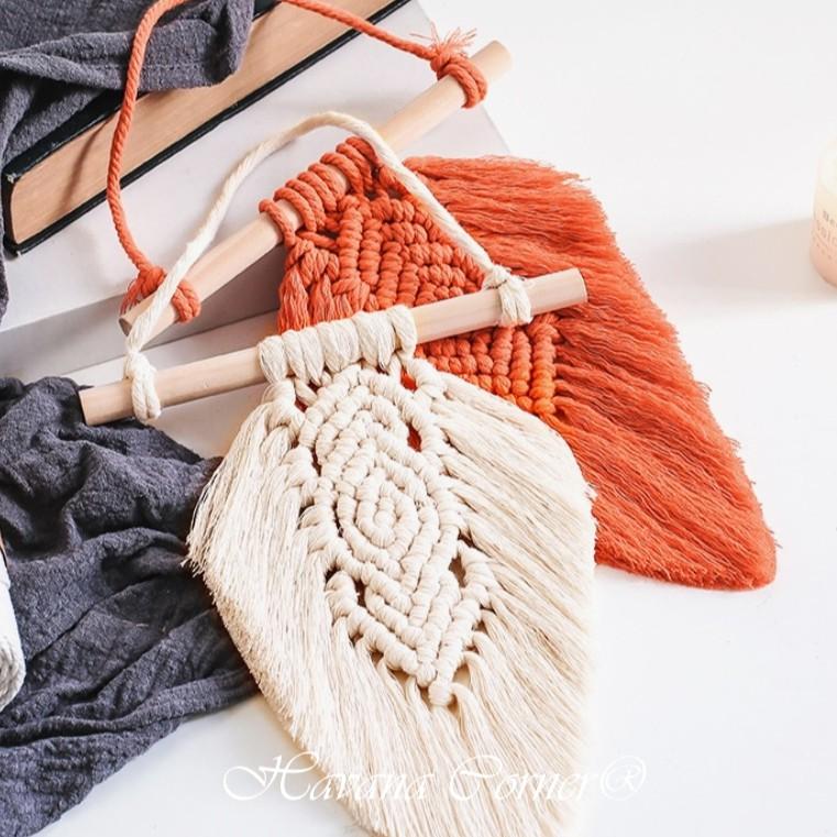 Lá macrame trang trí treo tường, Macrame lá 2 màu trắng, cam đất