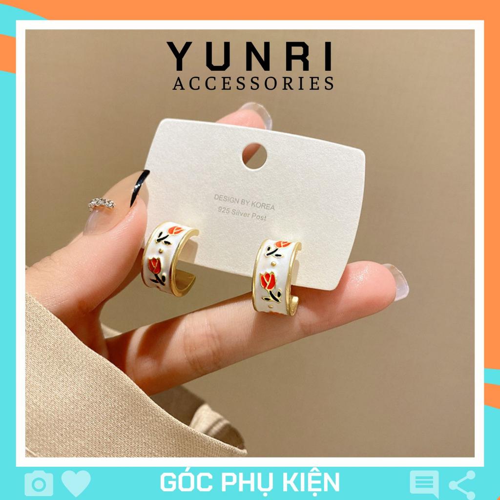 Bông tai nữ tròn thiết kế in hình hoa tulip dễ thương phụ kiện trang sức YUNRI ACCESSORIES