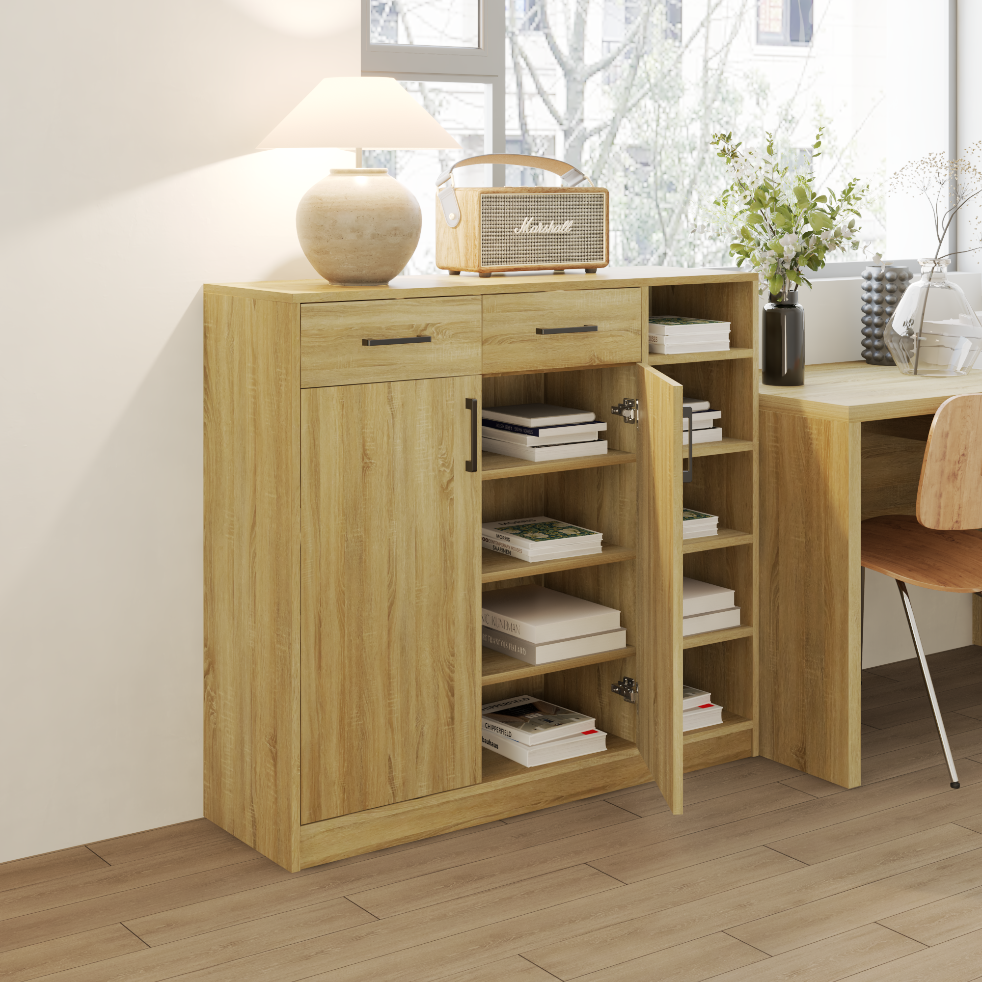 HAPPY FURNITURE , HEINEE - Tủ lưu trữ 2 cửa mở 2 ngăn kéo, TCM_215 , 110cm x 34cm x 100cm DxRxC, sản phẩm phổ thông