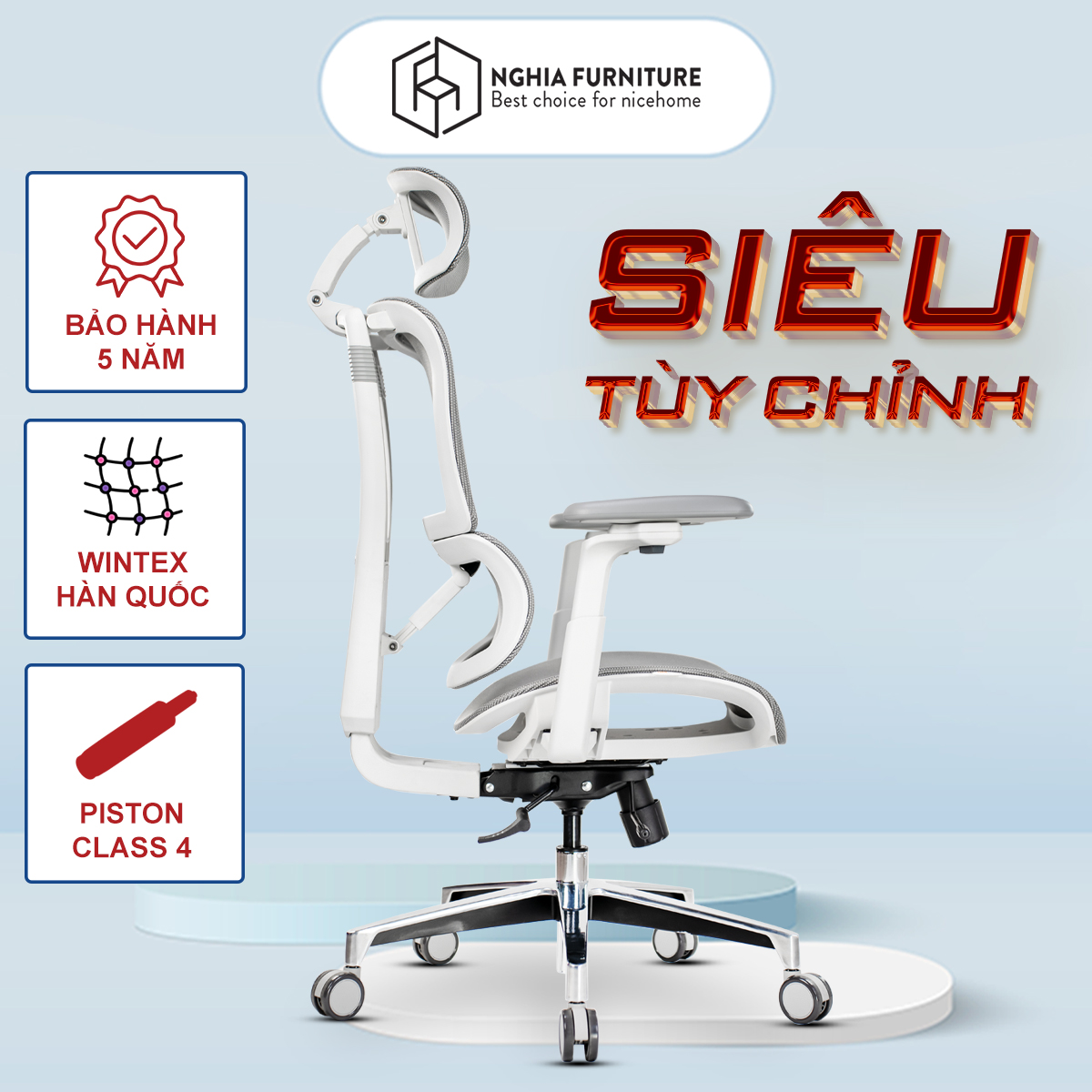 Ghế Công Thái Học Nghia Furniture Lumbar - Ghế Xoay Văn Phòng Làm Việc Nhiều Tính Năng Khủng - Khung Trắng - Full Lưới Xám