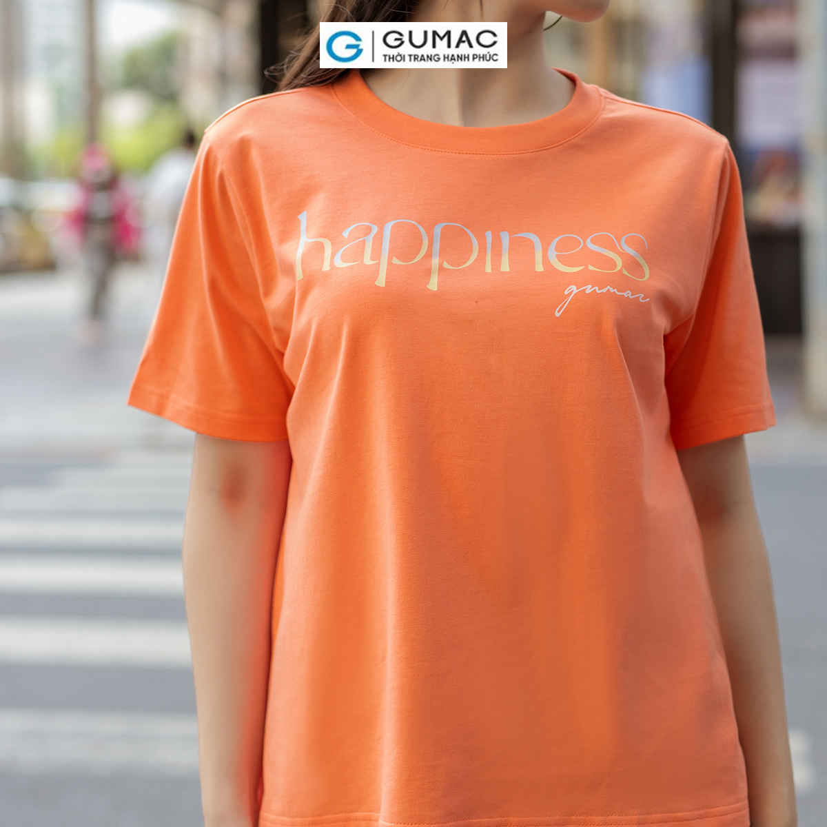 Áo thun nữ cotton tay ngắn cổ tròn in Happiness trẻ trung năng động thời trang GUMAC ATD07043