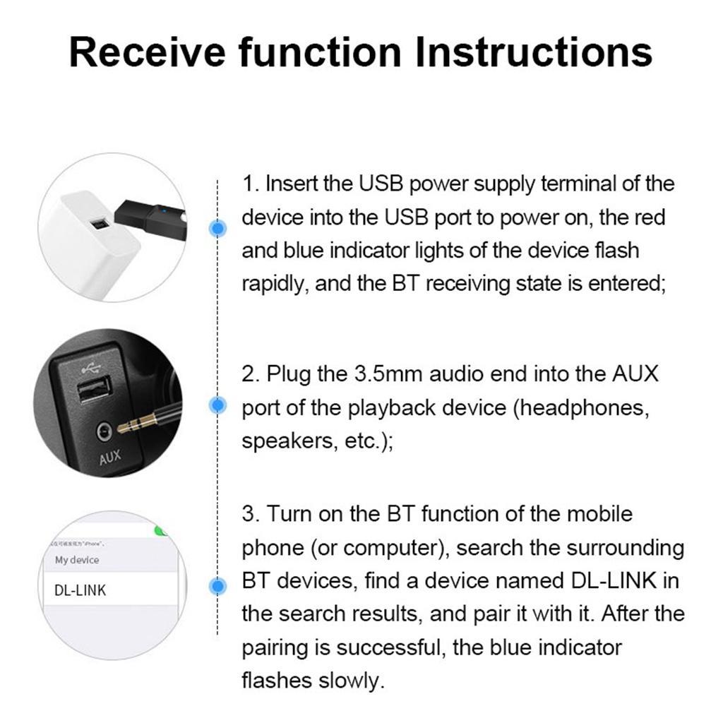 USB Bluetooth 5.0 Audio Adapter Receiver 3.5mm AUX Auto Car
