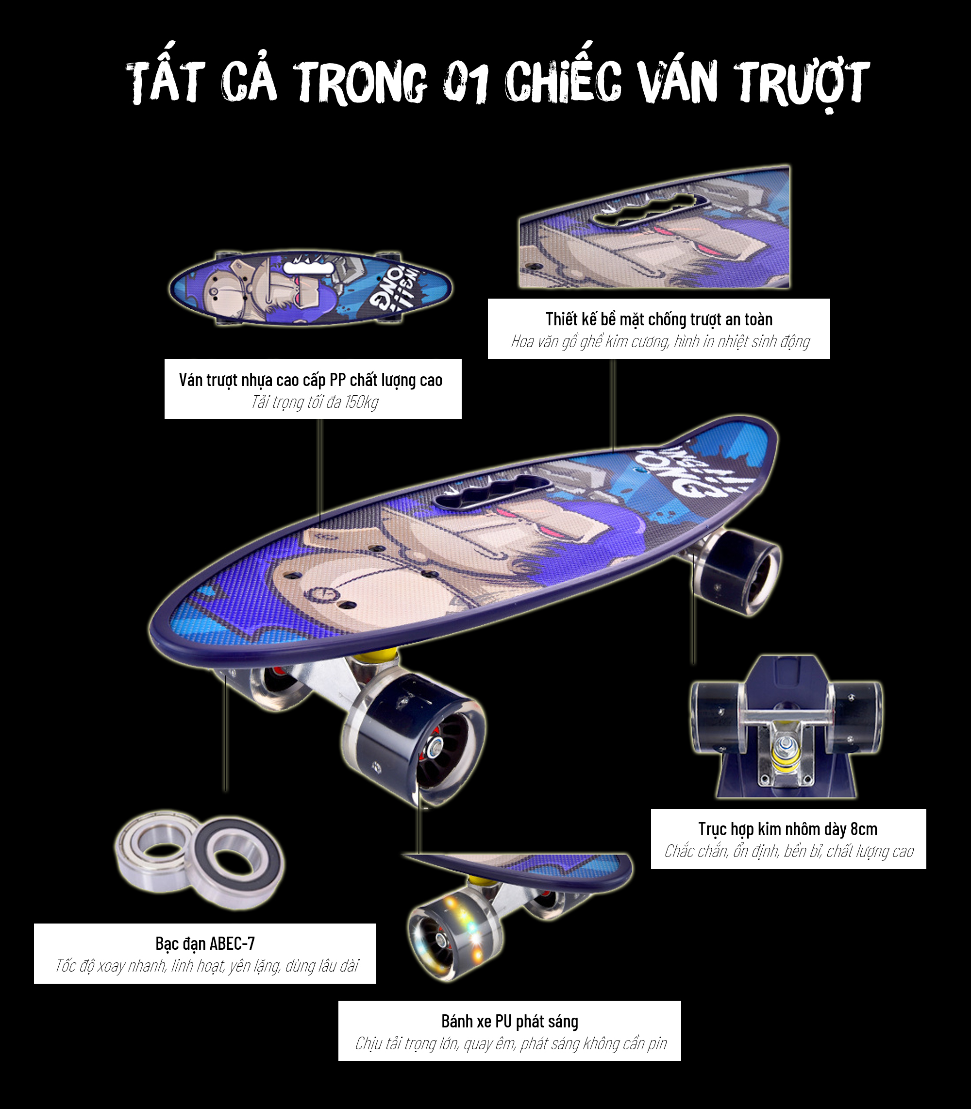 Ván Trượt Skateboard Penny - Có Tay Cầm - Trục Kim Loại To - Bánh Cao Su Có Đèn Led (Kích Thước 56 x 10 x 13 cm)