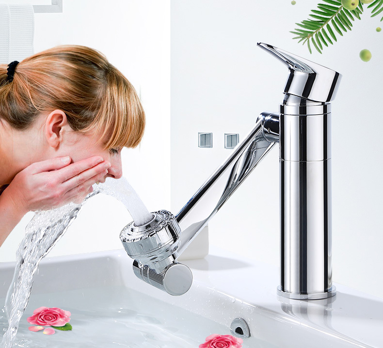 Vòi rửa mặt Lavabo cổ xoay 720 độ đa chiều, củ đồng, thân ngắn, mạ Crom, điều chỉnh nhiều chế độ tia nước Minh House