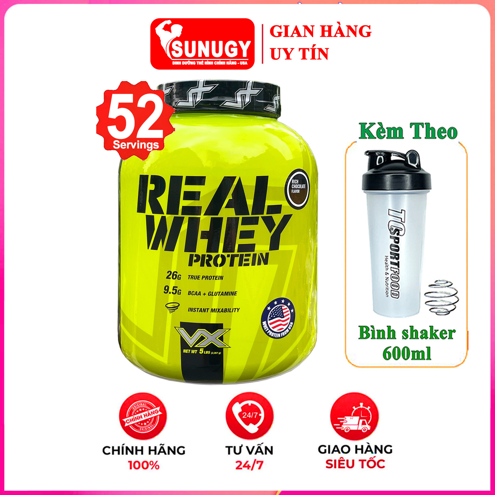 Combo Sữa tăng cơ Real Whey Protein hộp 5lbs hỗ trợ tăng cơ giảm mỡ cho người tập gym & Bình lắc 600ml  (Mẫu ngẫu nhiên)