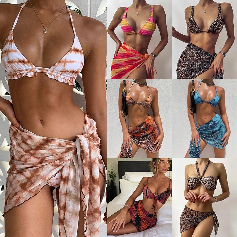 Nữ 3 Mảnh Bikini Bộ Bao Phủ Lên Bãi Biển Đầm Dây Buộc Đẩy Lên Biquini Brasil Đồ Bơi Nữ Thông Bikini 2021 Mujer