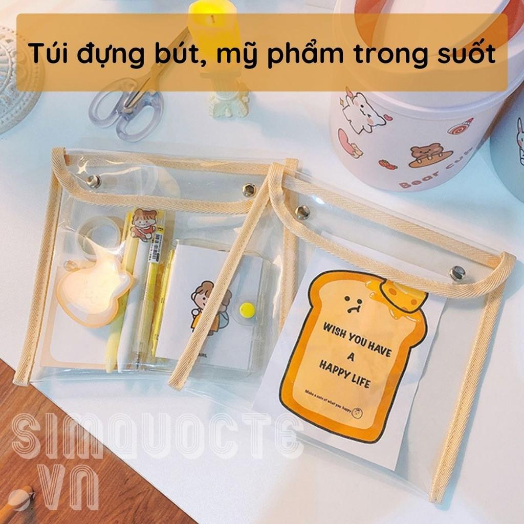 Túi đựng bút mỹ phẩm trong suốt hình vuông có hai nút bấm