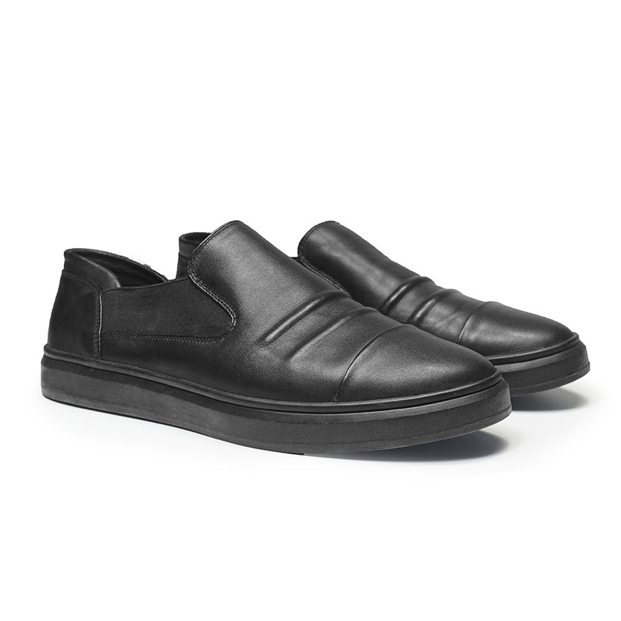 Giày mọi lười Slip on phối thun nam da bò nguyên tấm chống hôi chân, thoáng khi, em chân SHOES 2H size 38-43, Đen 2H-72