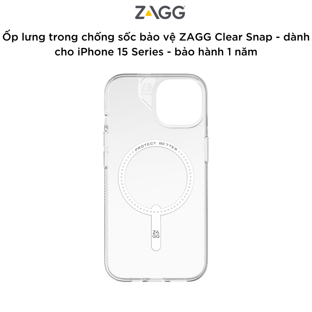 Ốp lưng trong chống sốc bảo vệ ZAGG ESNTL Clear / Clear Snap cho iPhone 15 Series - chống sốc 1.5M - bảo hành 1 năm- Hàng chính hãng