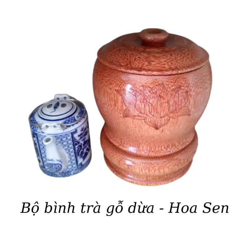 Bộ Bình Trà Gỗ Dừa Có Chân Sang Trọng Hoa Văn "Hoa Sen" - Bình Trà 700 - 1200ml