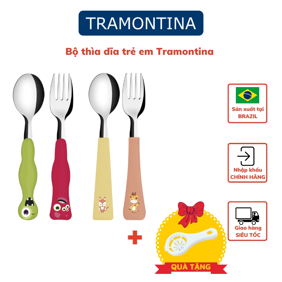 Bộ Thìa Dĩa Trẻ Em 2 Món Tramontina Chất Thép Không Gỉ Cao Cấp An Toàn Cán Nhựa PP Sản Xuất Tại Brazil Tặng Kèm 1 Dụng Cụ Tách Lòng Trứng