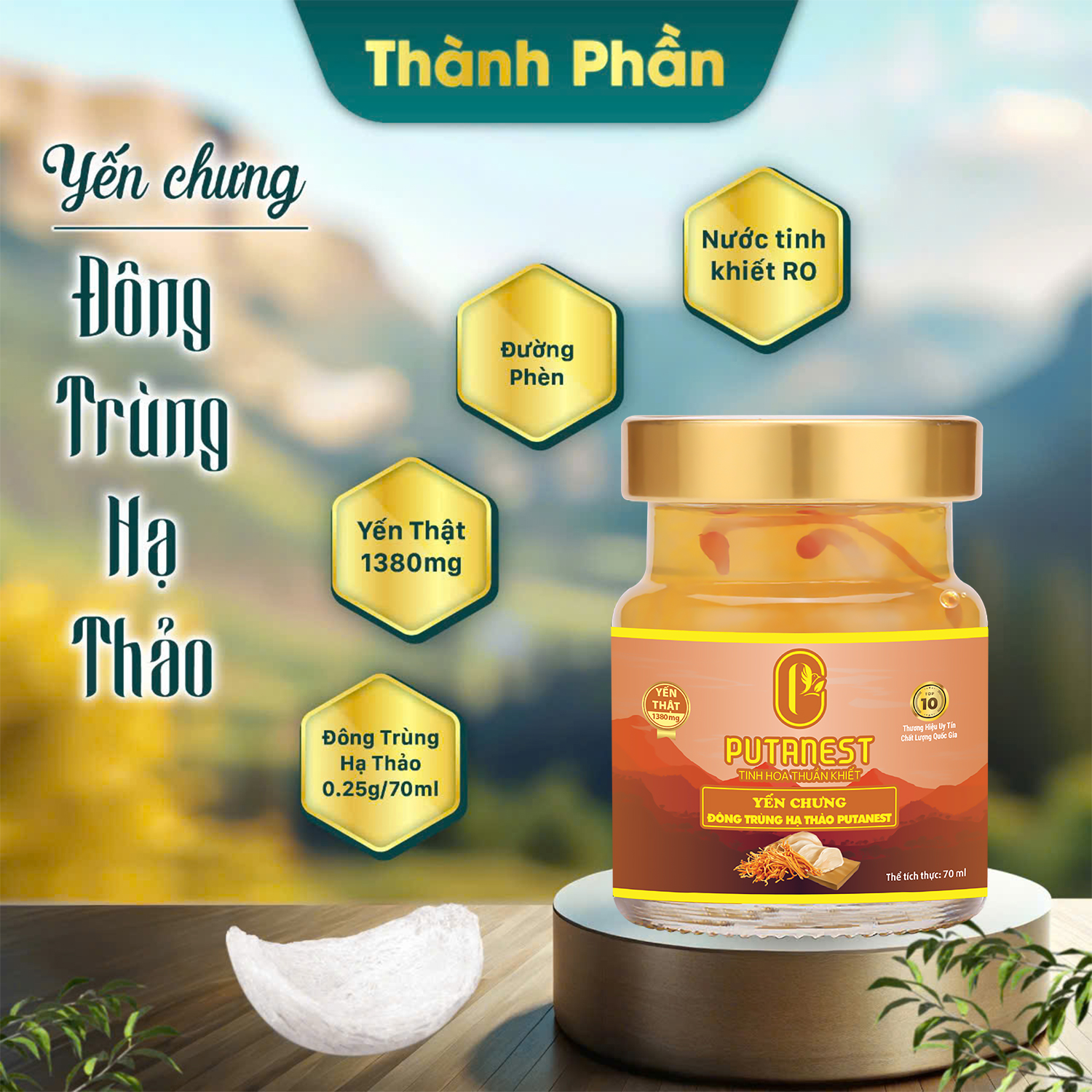 Yến chưng Đông trùng hạ thảo PUTANEST hộp quà tặng cao cấp 12 hũ 70ml đẹp da tăng sức đề kháng
