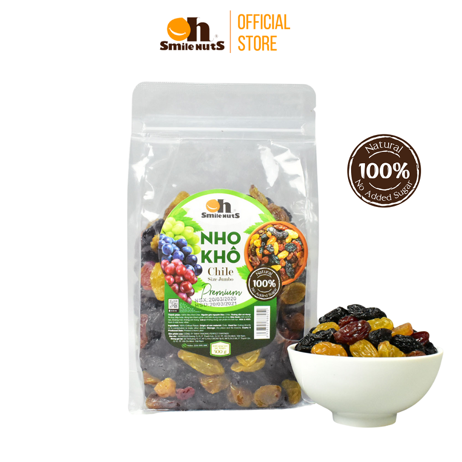 Nho Khô Mix Không Hạt Smile Nuts Túi 500g - Nhập khẩu từ Chile (nho khô hỗn hợp gồm nho đen, nho đỏ và nho vàng)