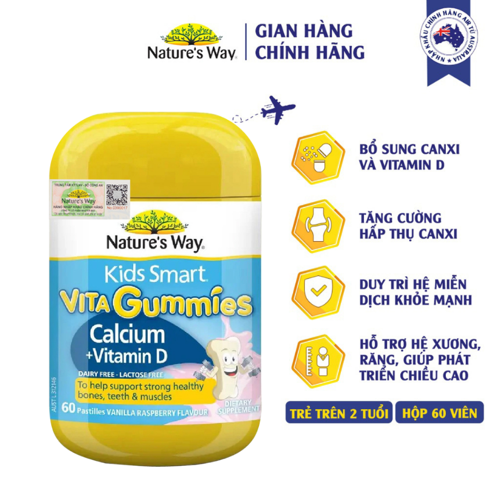 Kẹo Dẻo Vi Chất Cho Bé Nature’s Way Kids Smart Vita Gummies Calcium + Vitamin D Hỗ Trợ Phát Triển Chiều Cao 60 Viên