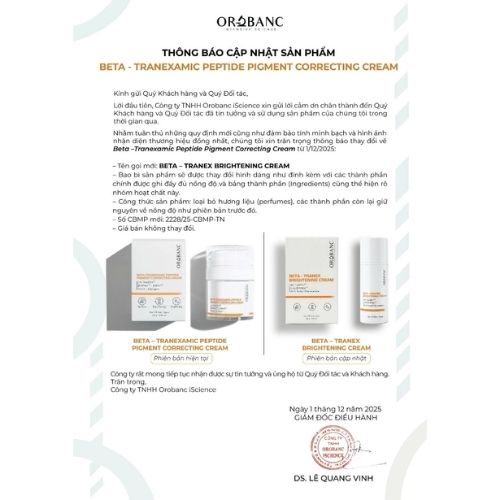 Kem giảm nám Orobanc Beta - Tranexamic Peptide Pigment Correcting Cream 30G